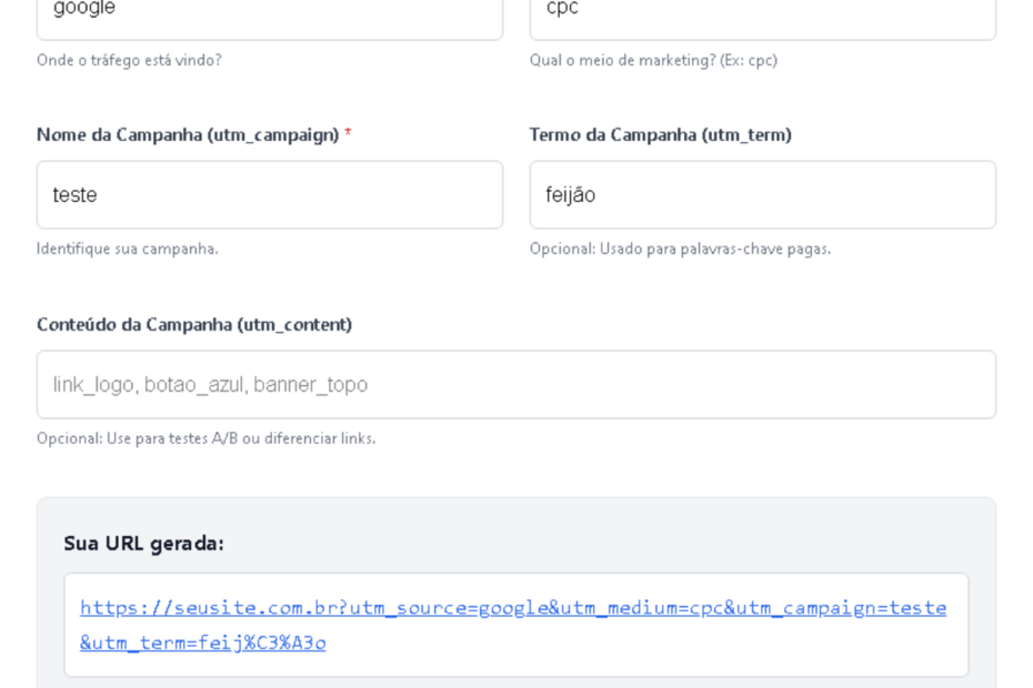 Print de tela, com o processo de criação de um link para utm.